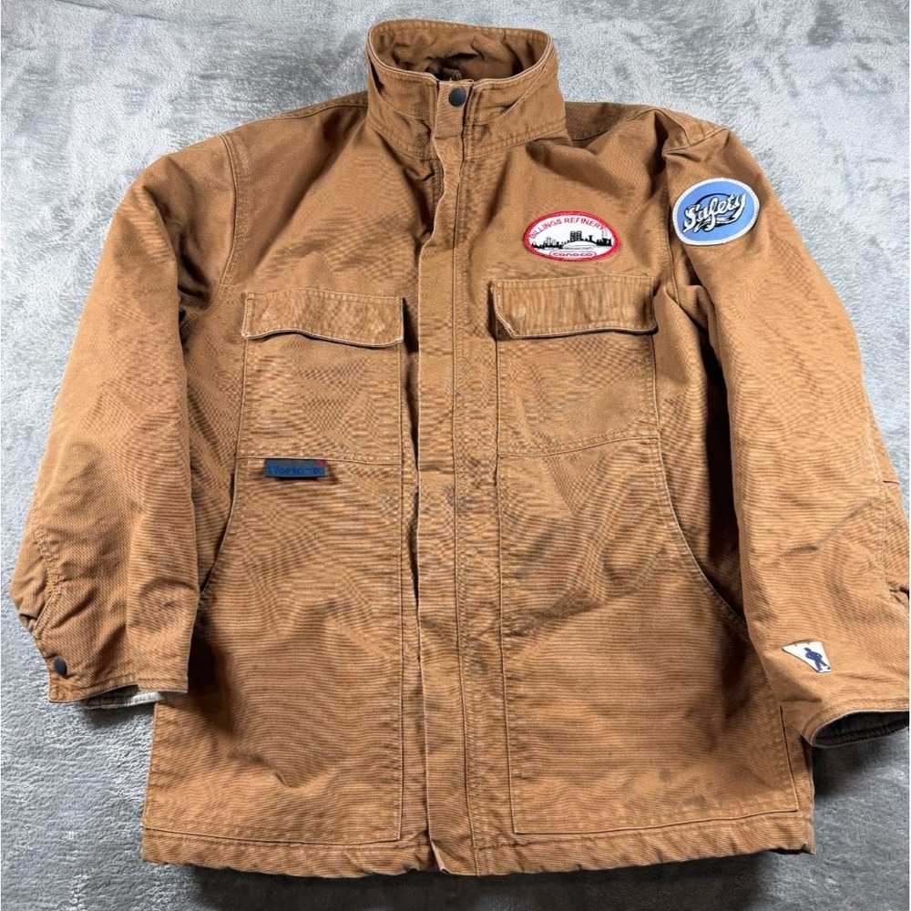 Workrite‎ FR Workwear Jacket USA Conoco Patch Distressed Chore Coat Brown S
